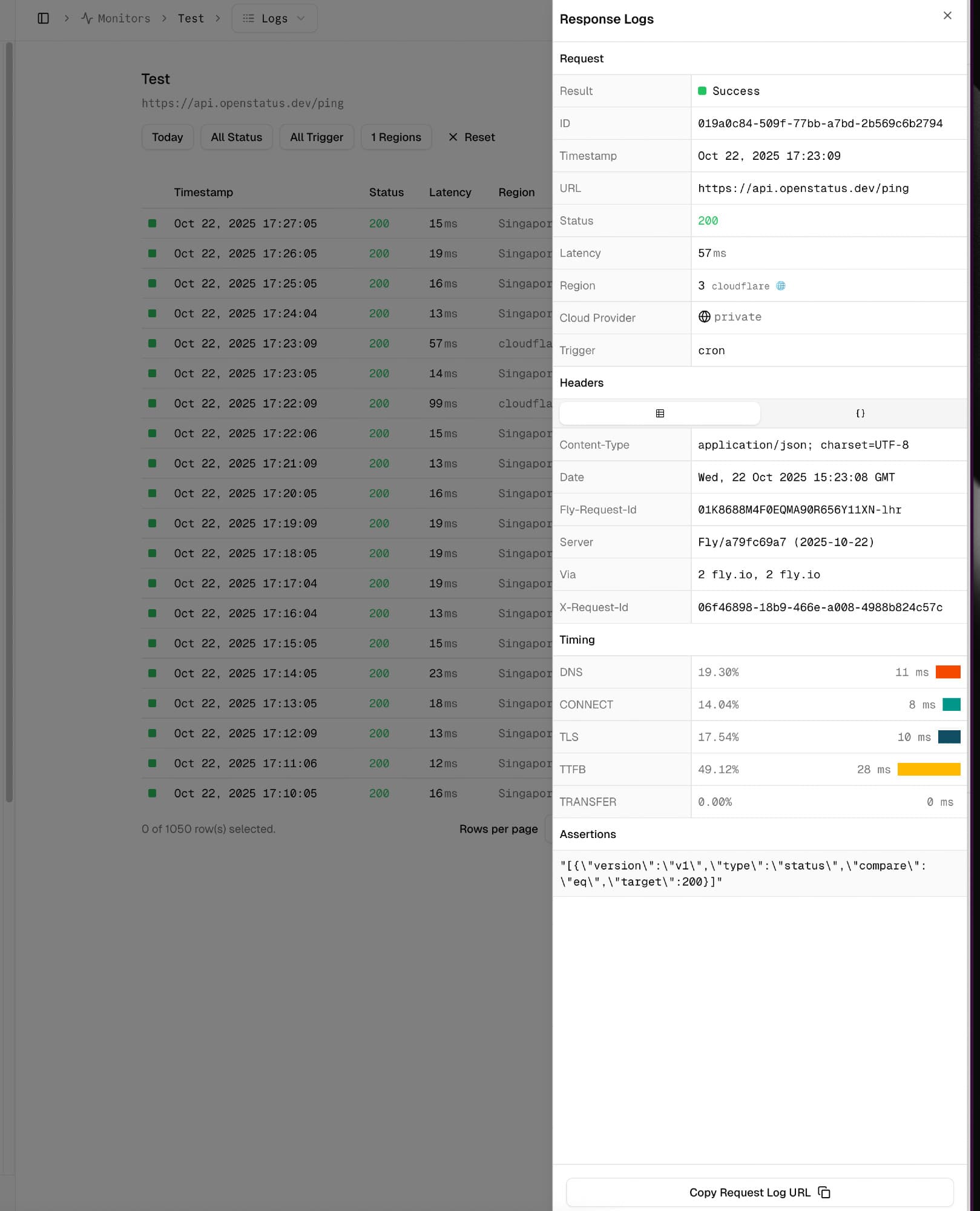 openstatus monitor response logs showing checks from a private location